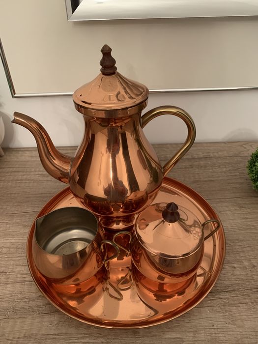 Bule, tabuleiro e peças (4) em cobre vintage Odi Made in Portugal