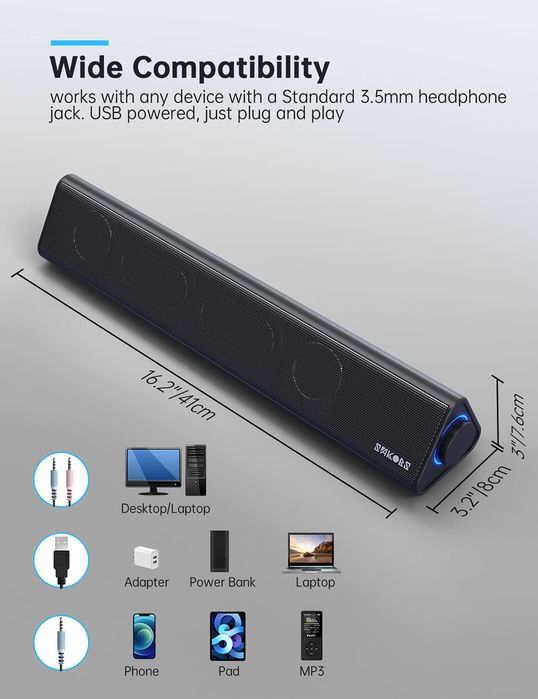 Głośniki komputerowe, SAKOBS 12 W PC Soundbar, stereo zasilanie USB
