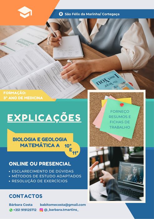 Explicações de Matemática A 10°, Biologia 10°/11° ano e 2°/3° ciclo