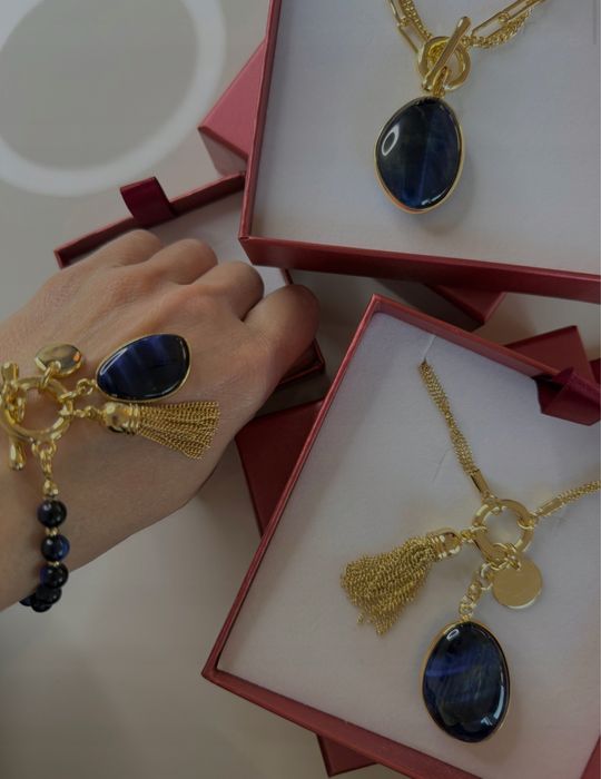 Nowy złoty naszyjnik z kamieniem naturalnym Tygrysie Oko Elegancki