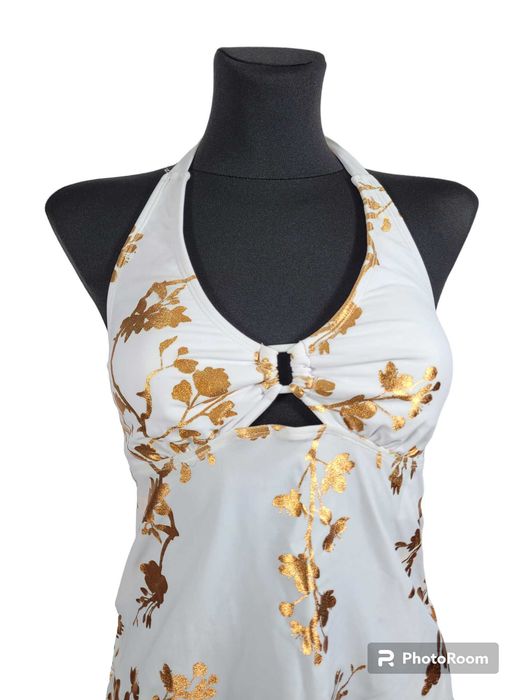Nowy biały strój kostium kąpielowy bikini 36,S tankini złoty nadruk