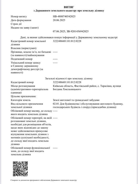Продаж ділянки 8 соток в с.Тарасівка, вул.Б.Хмельницького під забудову