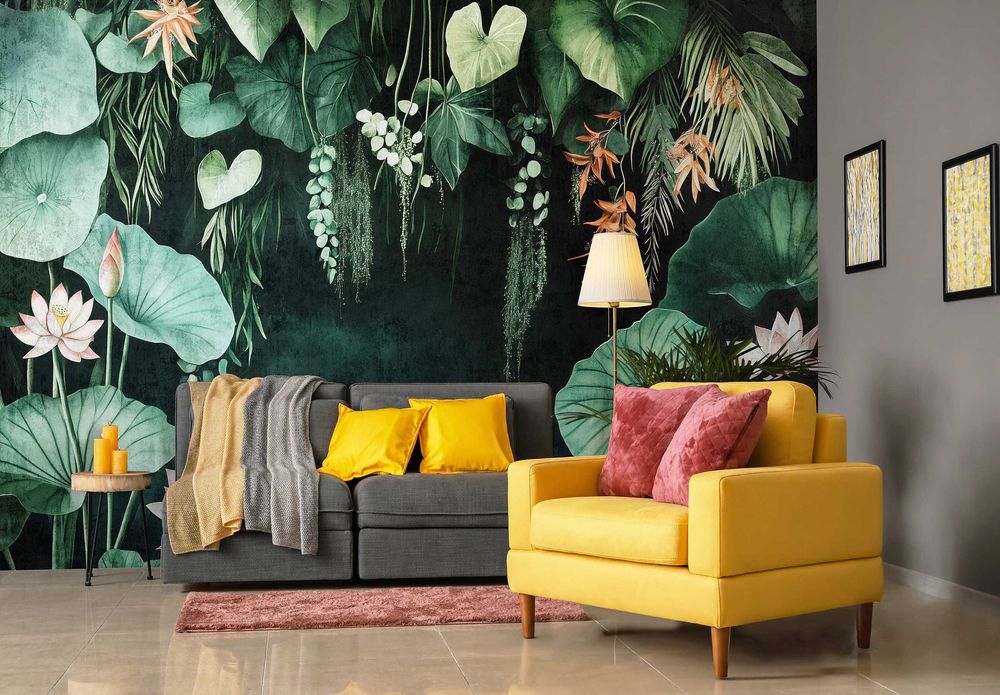 Fototapeta Ciemna Zieleń Kwiaty Liście Woda Dżungla Tropiki 3D + KLEJ