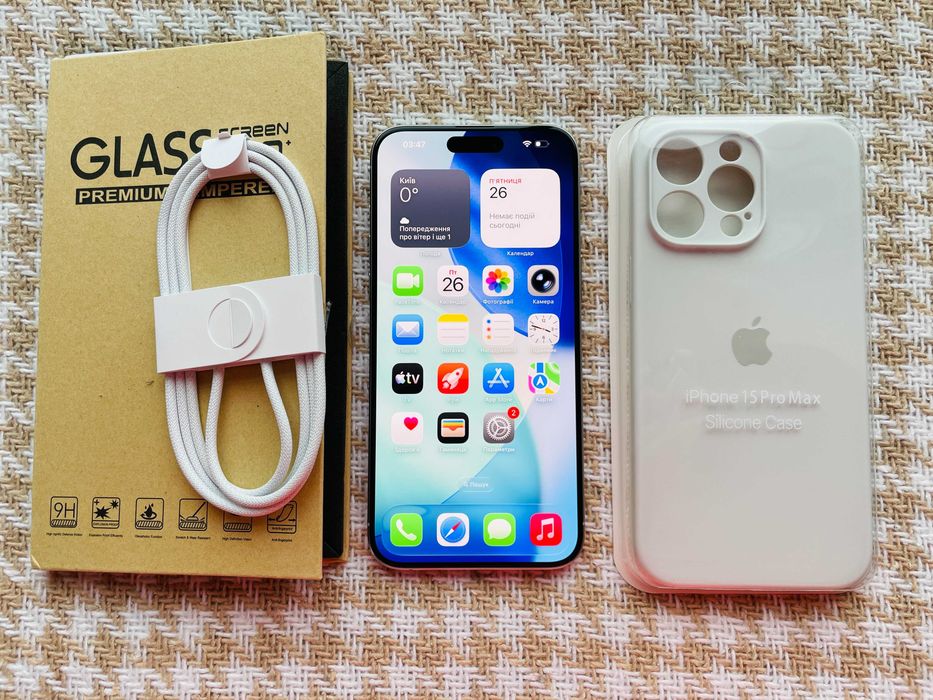 IPHONE 15 PRO MAX 256Gb ІДЕАЛ АКБ 100% White Titanium NEVERLOCK 90434