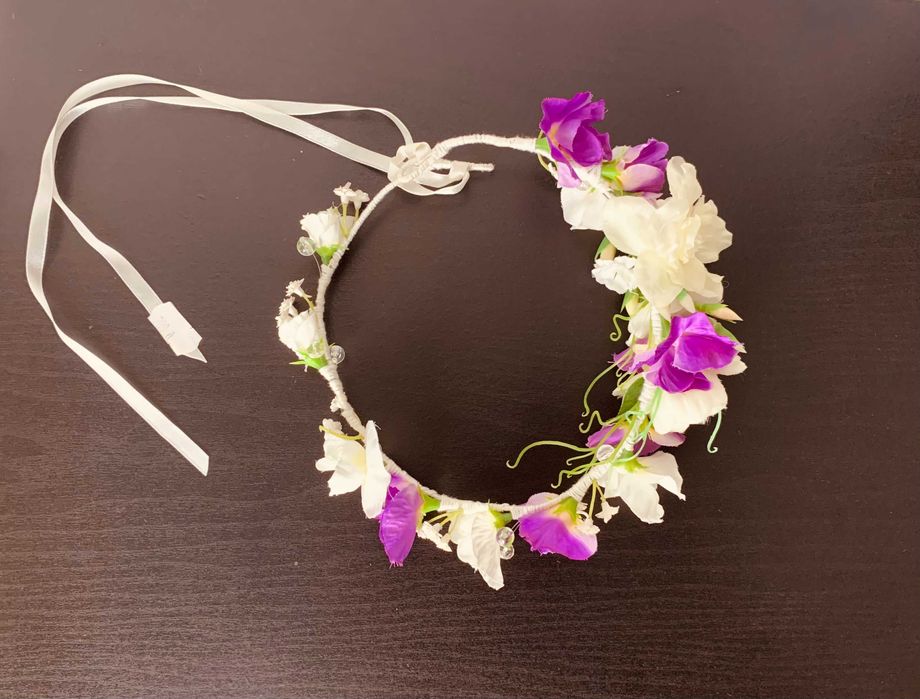 nowy wianek kwiatowy fiolet biel ozdoba włosów boho festiwal ślub hit