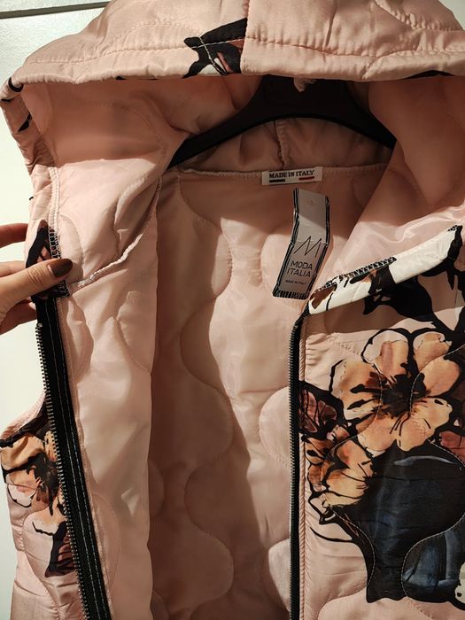 Kamizelka damska bezrękawnik kaptur pudrowy róż kwiaty kieszenie