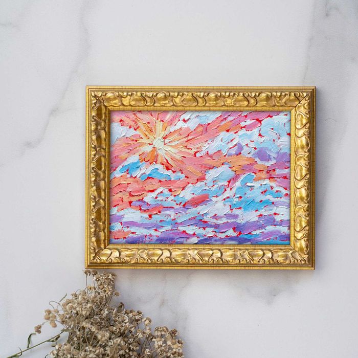 Oryginalny obraz olejny "Na niebie" no.1 w białej ramce