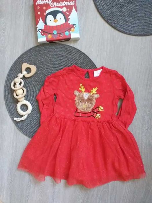 Sukienka świąteczna z tiulem czerwona renifer 86