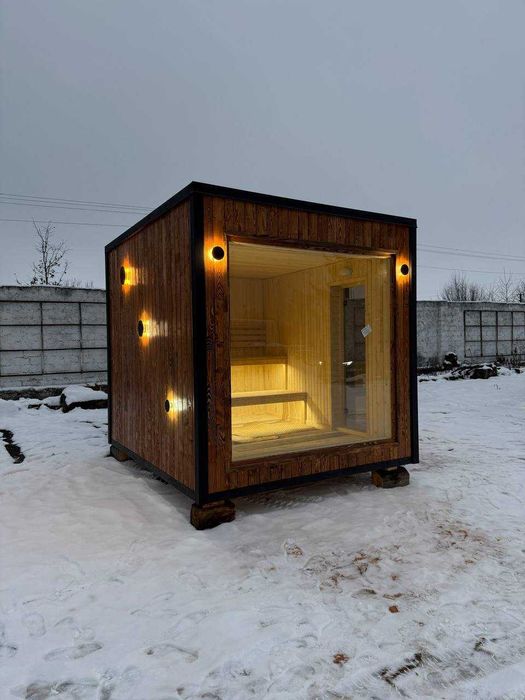 Модульна сауна з панорамним вікном. Сауна з пічкою на дровах.Сауна куб