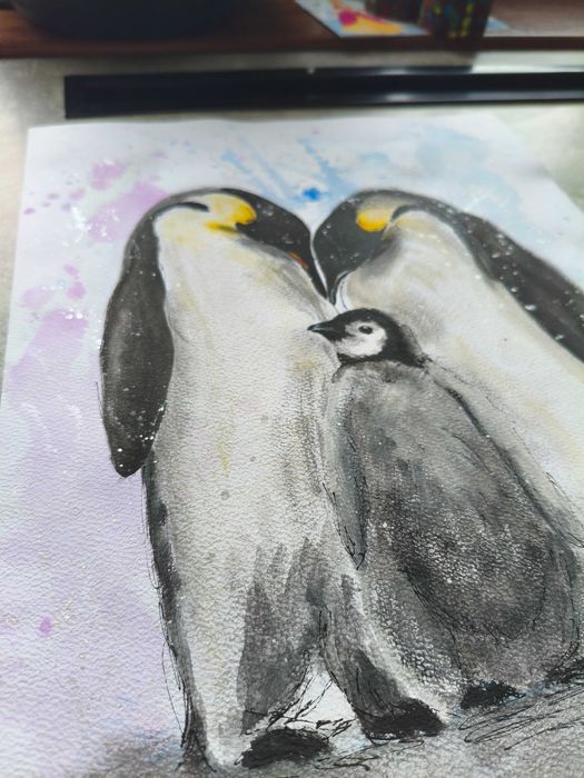 Akwarela Pingwiny Rodzina Prezent Chrzest Dziecko Macierzyństwo 30x42