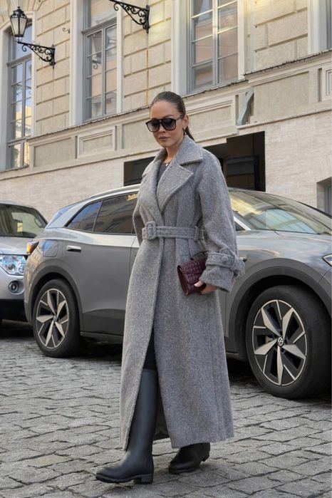 Пальто з поясом на підкладці сіре тепле кашемір альпака гарне оверсайз