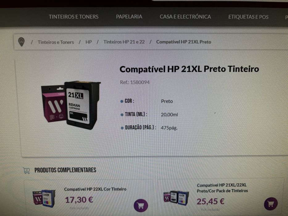 Tinteiro preto compativel HP 21XL