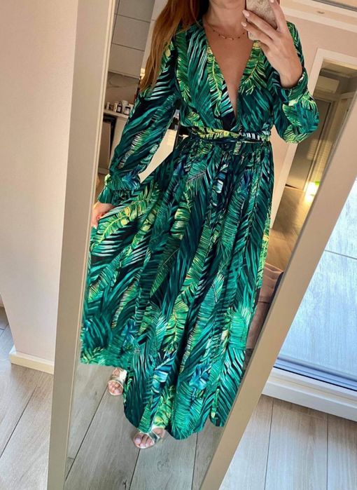 Piękna długa midi/maxi letnia sukienka w zielone liście, XL/42/14 - L/14/40