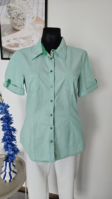 Zielona koszula z krótkim rękawkiem w drobny pasek rozmiar M