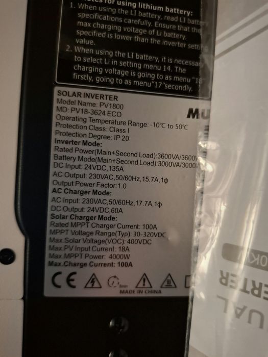 Гибридный инвертор Must PV18-3624ECO 24 В 3.6 кВт