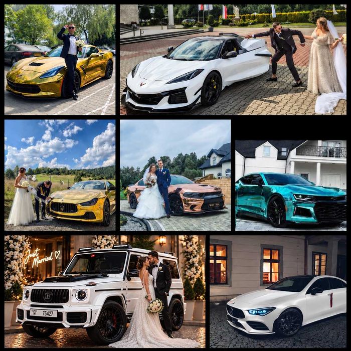 Wypożyczalnia, Wynajem Samochód do ślubu Złoty Mustang Dodge Maserati Biały Mercedes G Klasa Ferrari Corvette Cabrio Camaro Audi