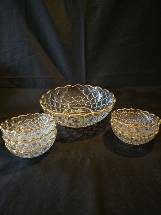 Conjunto de Taças de Sobremesa Antigas Vidro Trabalhado e Ouro