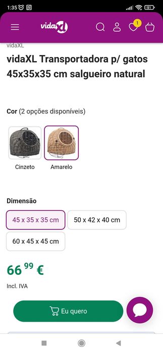 Transportadora em salgueiro natural para gato/cão de pequeno porte
