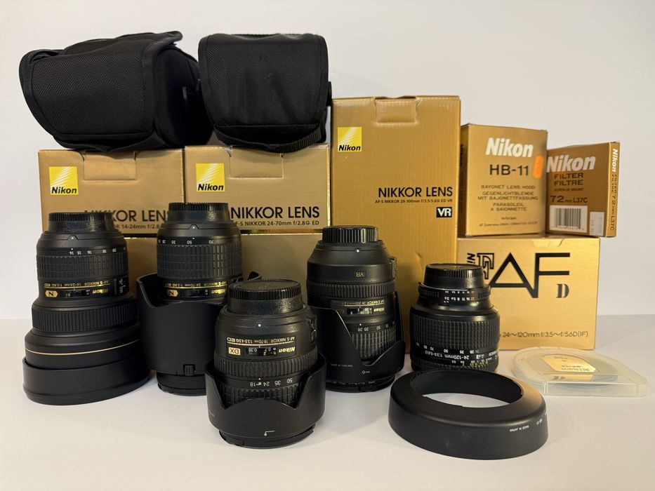 Obiektywy Nikkor  14-24 , 24-70 , 28-300 , 24-120, 18-70 .