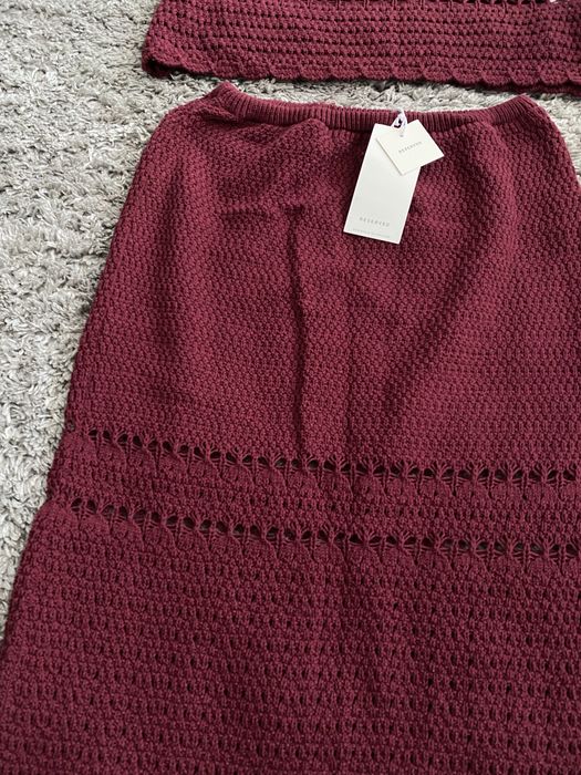 Dzianinowy ażurowy komplet top bluzka + spódnica S Reserved bordo