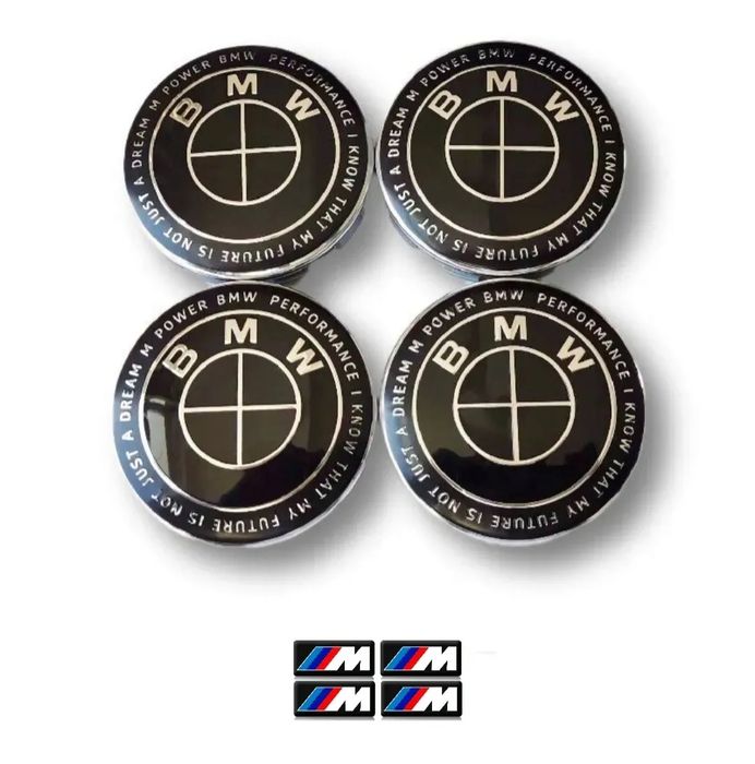 Dekielki BMW 68mm + NAklejki M POWER (KOMPLET) Dekle kapsle CZARNE 50Y
