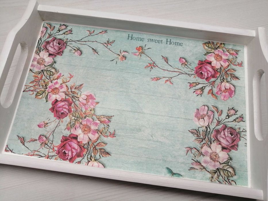Drewniana taca BIAŁA Kwiaty decoupage ręcznie robiona nowa Olsztyn • OLX.pl