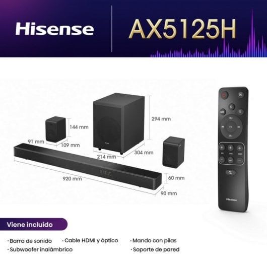 Hisense AX5125H Barra de Som 5.1.2 500W Dolby Atmos com Subwoofer Sem