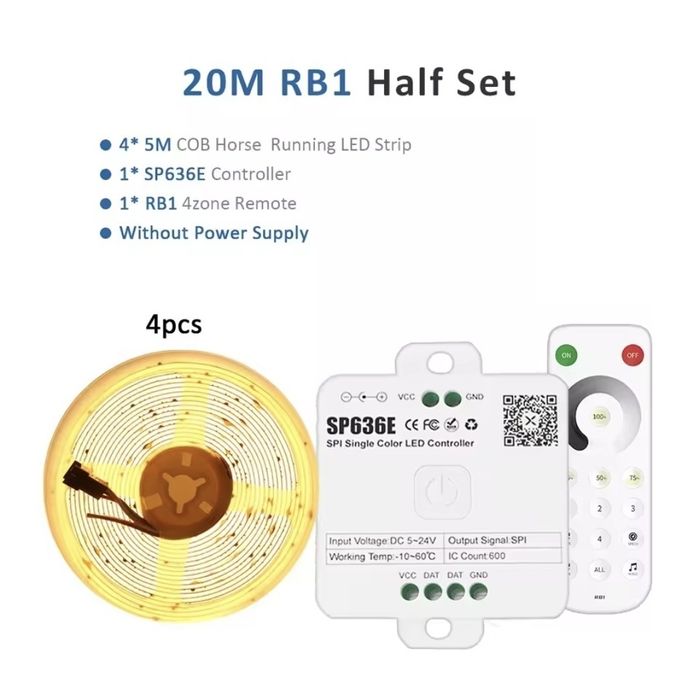 Kit Iluminação LED COB 20m - 24V - Controlador Bluetooth e Comando Inc