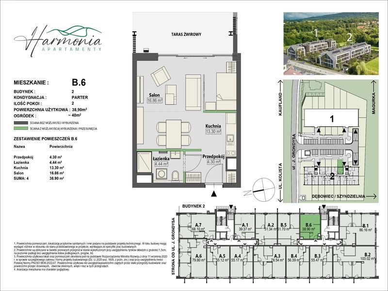 Apartament B.6 Bud Nr.2 - 38,90M2/Parter/1 Pokój/ Ogródek 40M2
