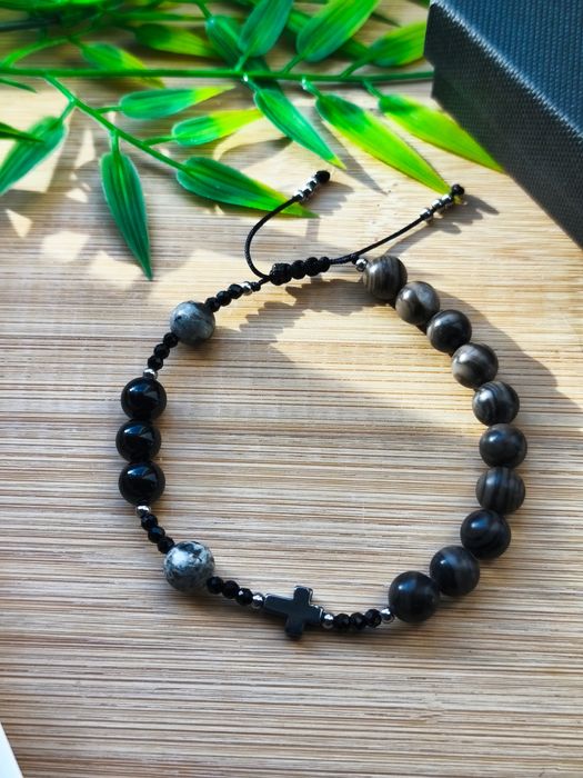 Bransoletka "Różaniec" - skamieniałe drewno, agat czarny, hematyt