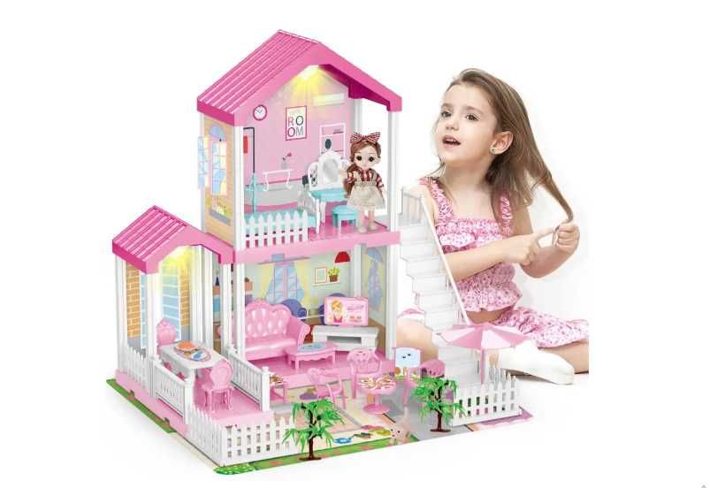 Будиночок для ляльок на 2 поверхи/3 кімнати. з меблями та терасою