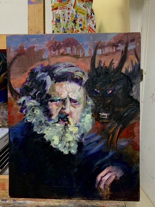Pintura de autor:velho com demónio - "Both shoulders carry the devil"