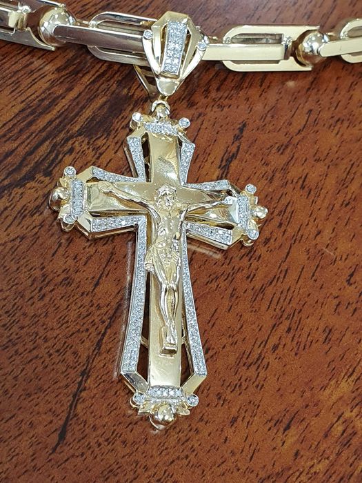 Złoty Łańcuch-128gr+KRZYŻ Z DIAMENTAMI-158 szt. - 0,80 ct.- próba 585.