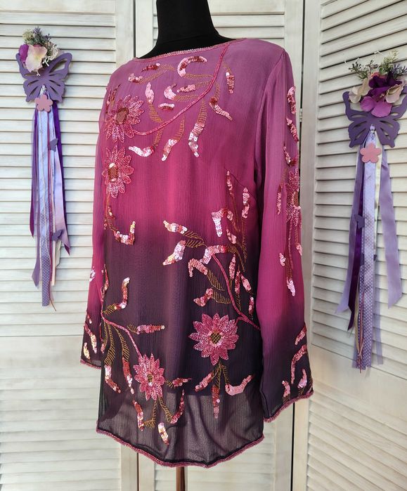 Шелковая блуза градиент с вышивкой пайэтками бисером этно indigo moon