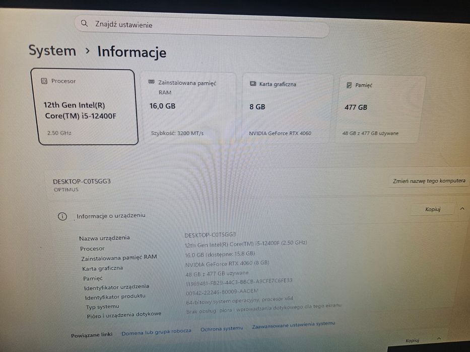 Komputer gamingowy RTX4060, Intel core i5 12400