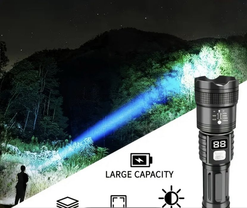 Lanterna Tática LED Profissional - Zoom Telescópico e Display Digital