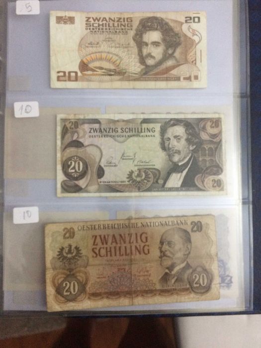 ÁUSTRIA 3 Notas de 20 Schilings usadas, em BC de 1956, 1967 e 1986
