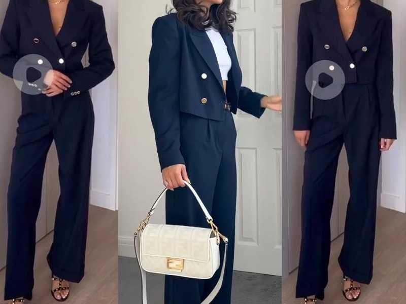 Zara granatowy garnitur krótki żakiet marynarka - szerokie spodnie