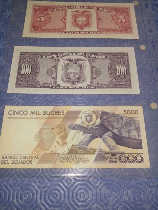 EQUADOR 3 NOTAS NOVAS  NÃO CIRCULADAS  5, 100 e 5000 sucres ver fotos.