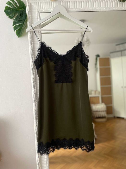 Stradivarius sukienka khaki czarna koronka bieliźniana mini S 36 M 38