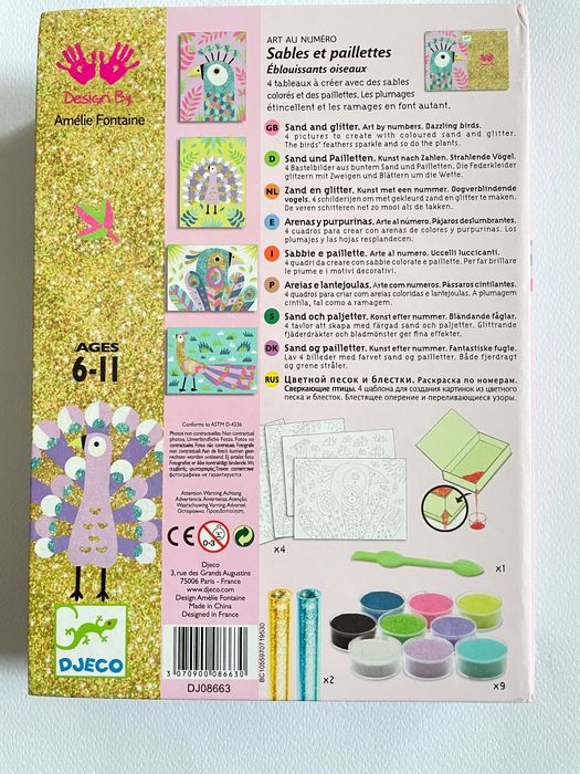 Художній комплект малювання кольоровим піском Djeco Сліпучі птиці