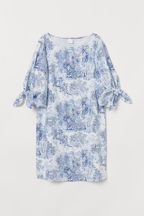 H&M M-L linen blend naturalna prosta biało-niebieska sukienka