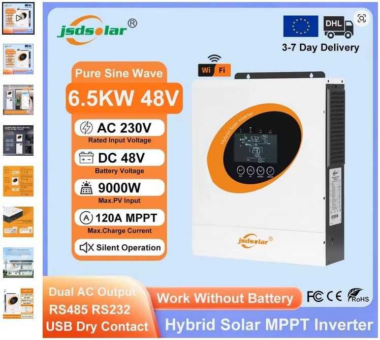 Fotowoltaika falownik Jsdsolar 6.5KW Hybrydowy Inwerter Solarny 48V 220V/230VAC Czysta Sinusoida