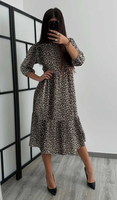 Zara sukienka midi w panterke falbanki S/M