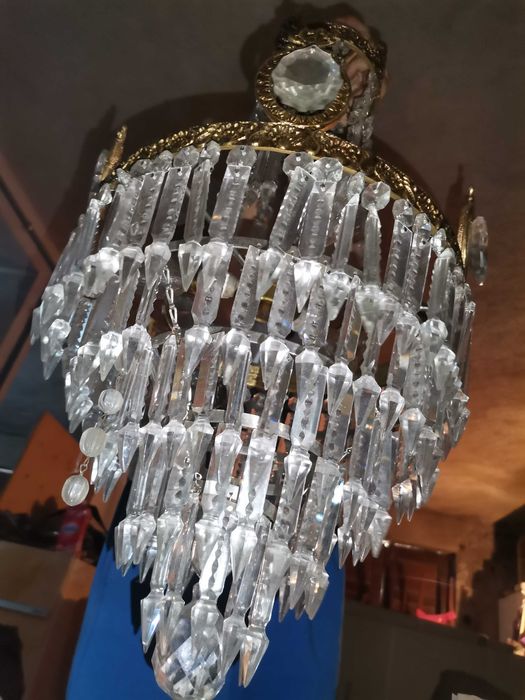Lustre Antigo Estilo Balão (Montgolfière) em Bronze e Cristal