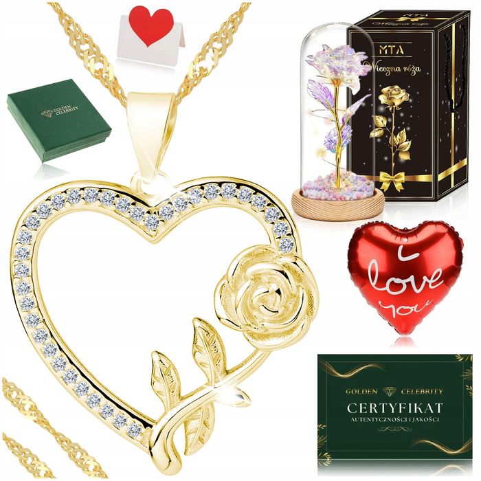 Złoty Damski Naszyjnik Serce 925/585 Łańcuszek Zawieszka + Róża Wieczn