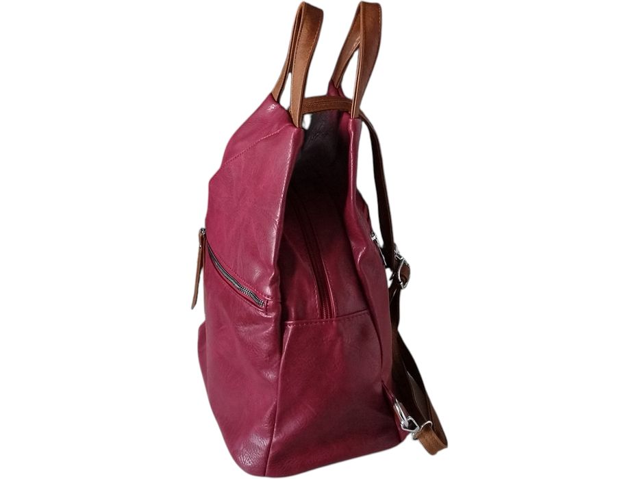 Modny Czerwony Worek Na Ramię - Plecak Damski, 6 Kieszeni, Ekoskóra