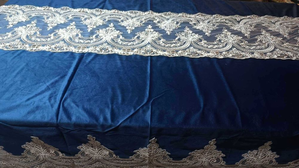 obrus 220x150 WELUR granatowy+ piękne HAFTY GLAMOUR, turecki