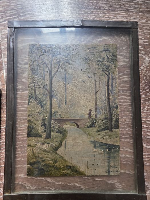 Zabytkowa para obrazów na szkle L. Sowiński 1906 r. Antyk Dyptyk