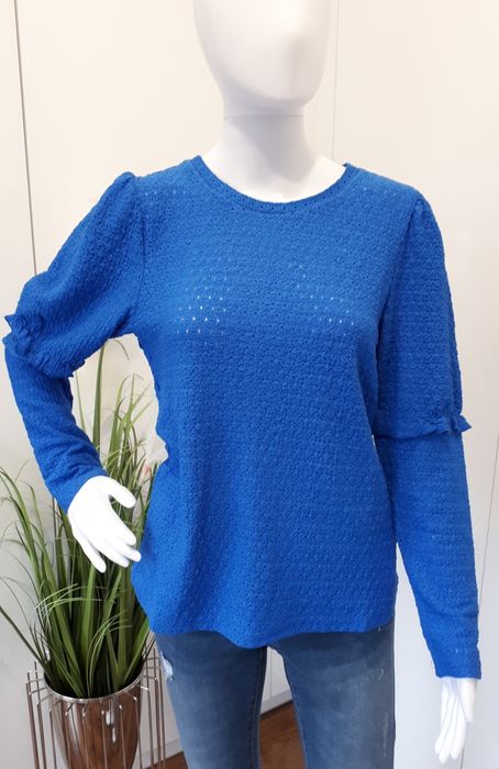 Sweter damski ażurowy z bufkami niebieski L/XL